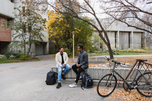Student talking with an employer.